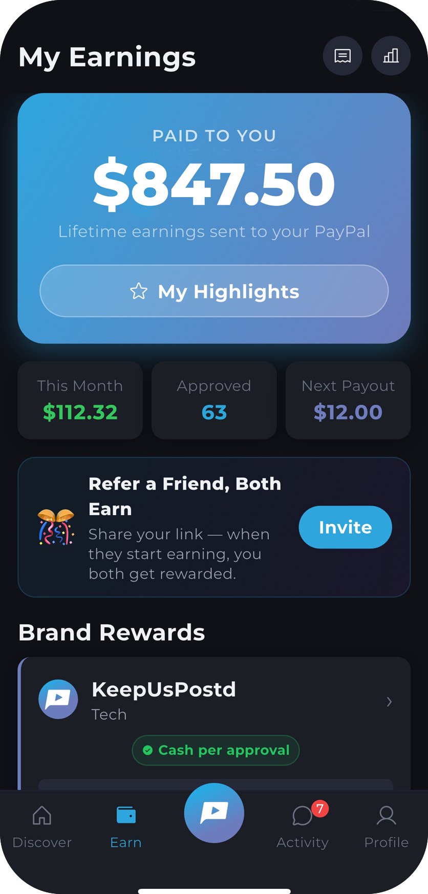 KUP App — Cash Out Earnings
